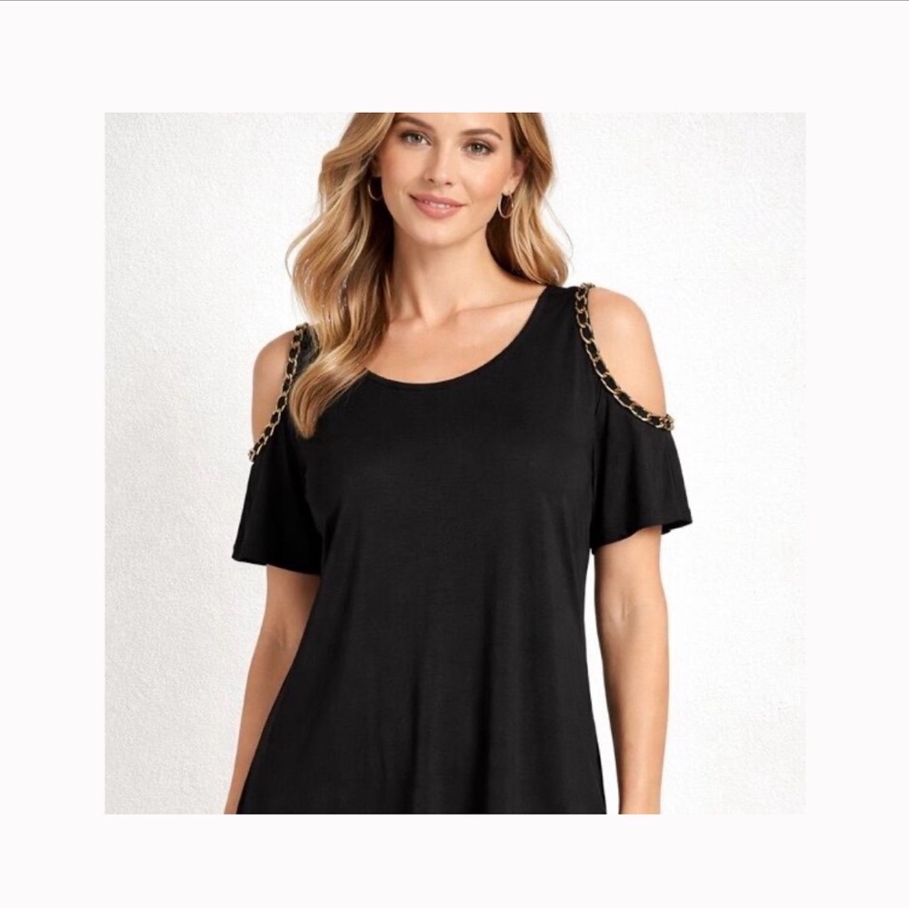 Coco Bianco Black Cold Shoulder Top with Chain Accents